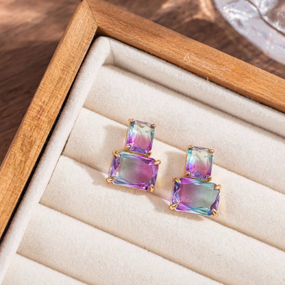 1 Pair Sweet Colorful Square Inlay Copper Crystal Drop Earrings