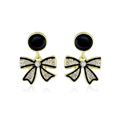 1 Pair Sweet Commute Bow Knot Inlay Iron Rhinestones Gold Plated Drop Earrings