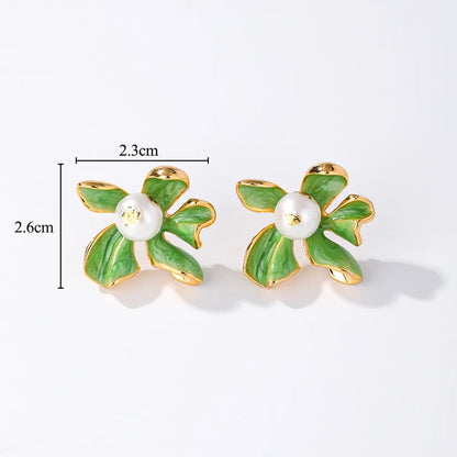 1 Pair Sweet Commute Flower Enamel Plating Inlay Copper Freshwater Pearl Zircon 18k Gold Plated Ear Studs