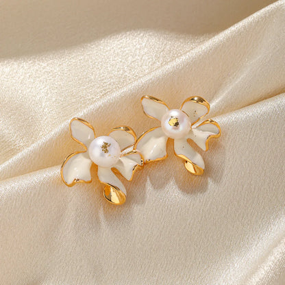 1 Pair Sweet Commute Flower Enamel Plating Inlay Copper Freshwater Pearl Zircon 18k Gold Plated Ear Studs