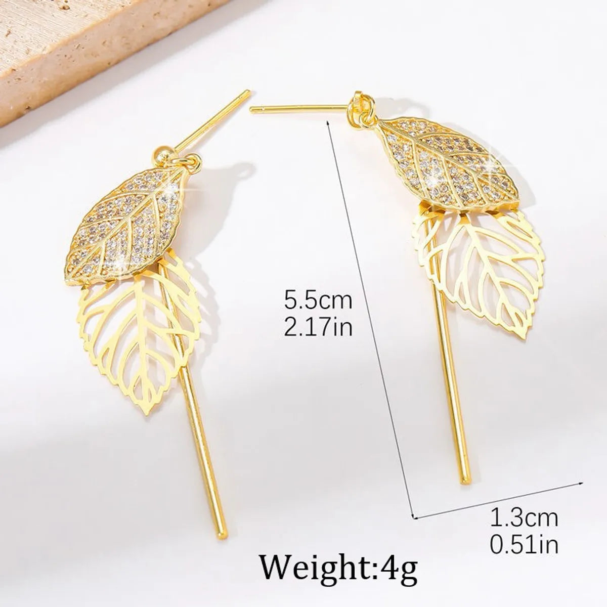 1 Pair Sweet Commute Leaf Plating Hollow Out Inlay Copper Zircon 18K Gold Plated Drop Earrings