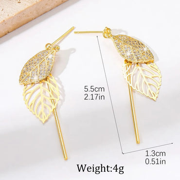 1 Pair Sweet Commute Leaf Plating Hollow Out Inlay Copper Zircon 18K Gold Plated Drop Earrings