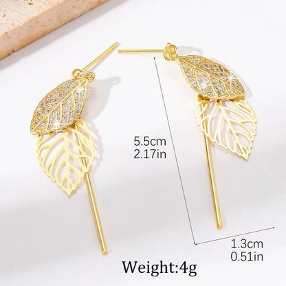 1 Pair Sweet Commute Leaf Plating Hollow Out Inlay Copper Zircon 18K Gold Plated Drop Earrings