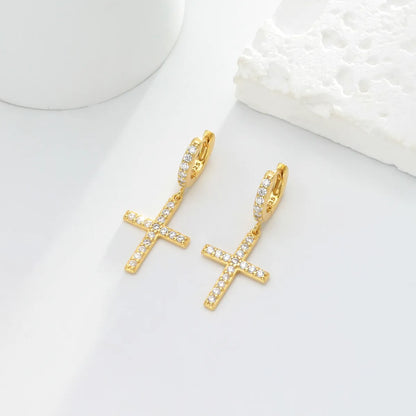 1 Pair Sweet Cross Plating Inlay Sterling Silver Zircon Gold Plated Earrings