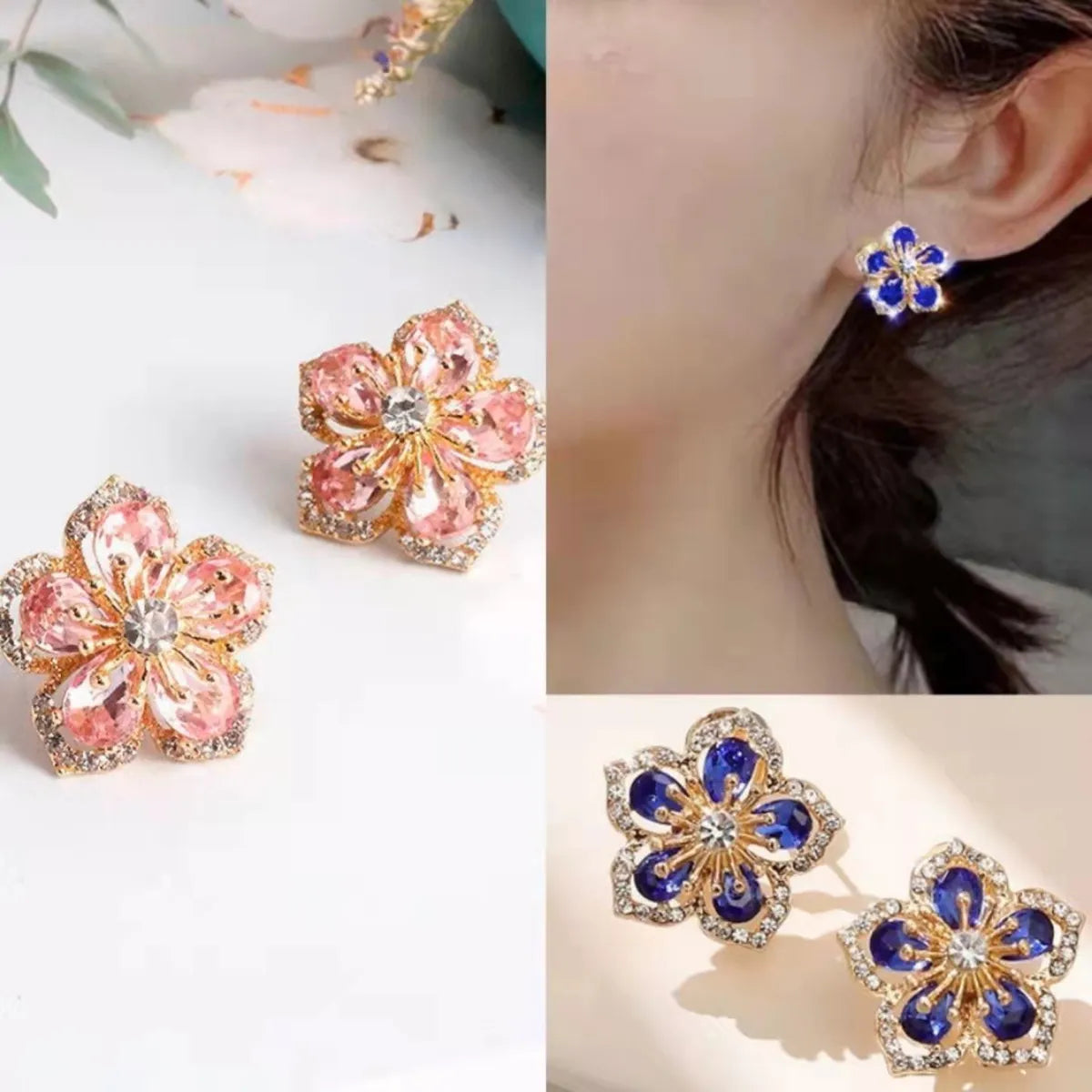 1 Pair Sweet Flower Alloy Inlay Artificial Gemstones Women'S Ear Studs