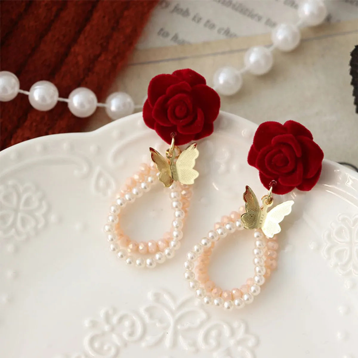 1 Pair Sweet Flower Artificial Crystal Artificial Pearl Copper Drop Earrings