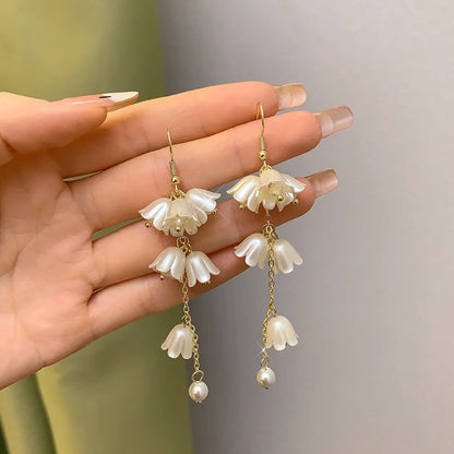 1 Pair Sweet Flower Bow Knot Alloy Beaded Inlay Rhinestones Pearl Women'S Drop Earrings