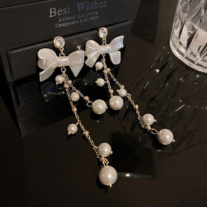 1 Pair Sweet Flower Bow Knot Alloy Beaded Inlay Rhinestones Pearl Women'S Drop Earrings