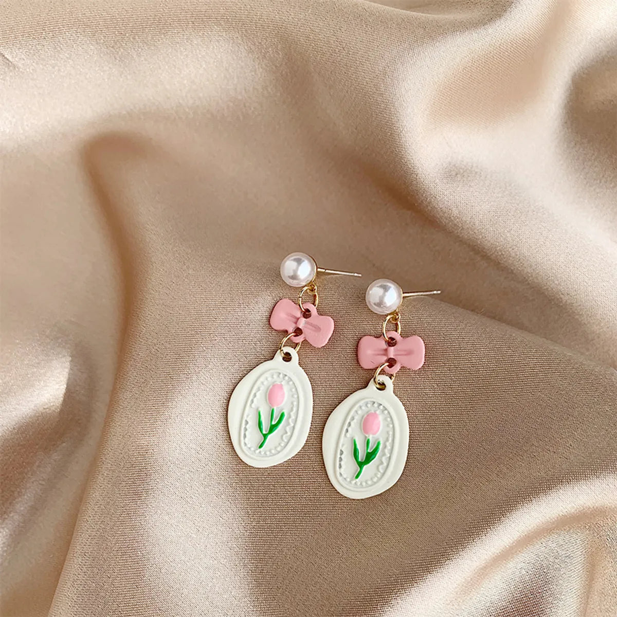 1 Pair Sweet Flower Bow Knot Stoving Varnish Inlay Alloy Artificial Pearls Drop Earrings