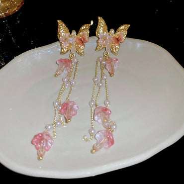 1 Pair Sweet Flower Butterfly Inlay Alloy Crystal Drop Earrings