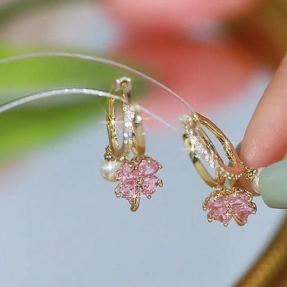 1 Pair Sweet Flower Inlay Artificial Pearl Copper Artificial Crystal Drop Earrings