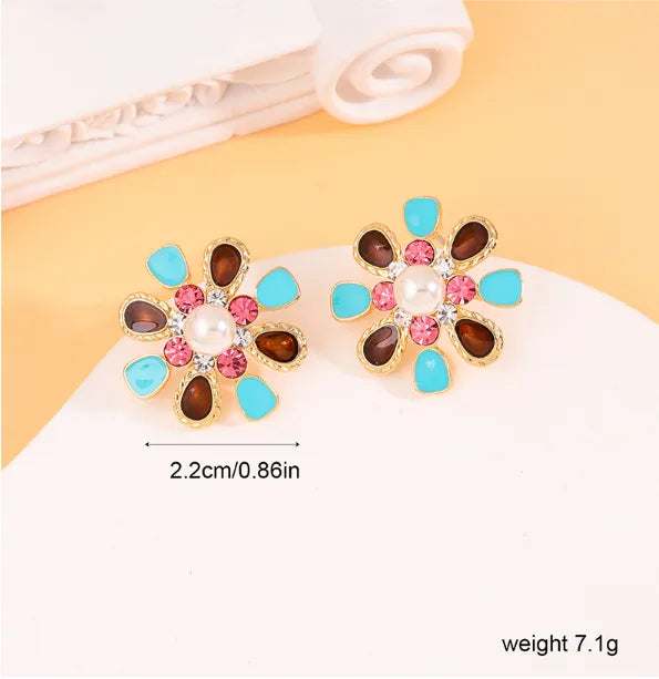 1 Pair Sweet Flower Inlay Copper Rhinestones Pearl Ear Studs