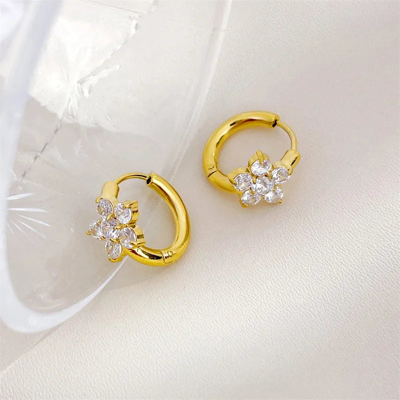 1 Pair Sweet Flower Inlay 304 Stainless Steel Zircon White Gold Plated Gold Plated Hoop Earrings