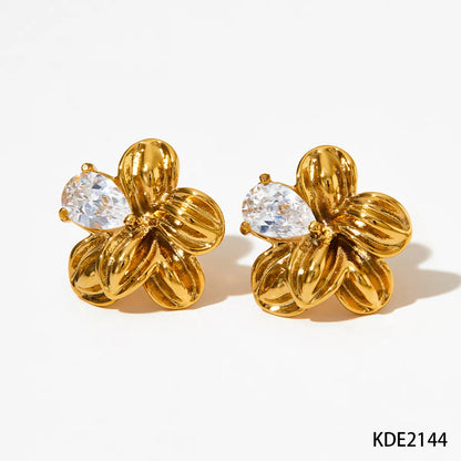 1 Pair Sweet Flower Plating Inlay 304 Stainless Steel Zircon 16K Gold Plated White Gold Plated Gold Plated Ear Studs