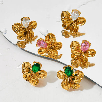 1 Pair Sweet Flower Plating Inlay 304 Stainless Steel Zircon 16K Gold Plated White Gold Plated Gold Plated Ear Studs