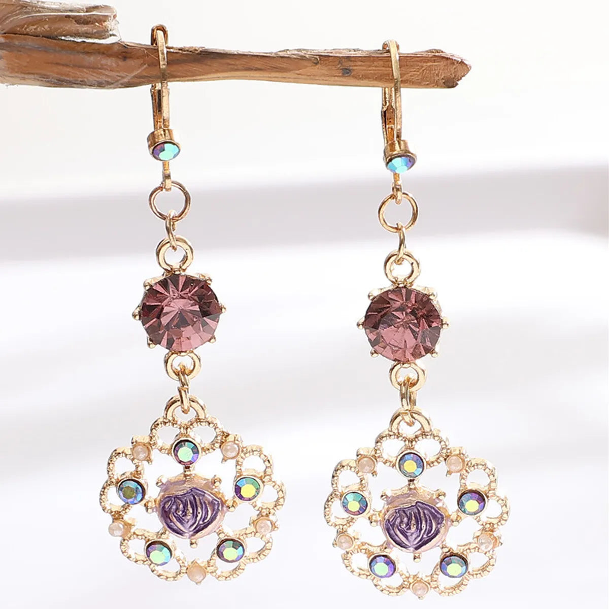 1 Pair Sweet Flower Plating Inlay Alloy Artificial Diamond Drop Earrings