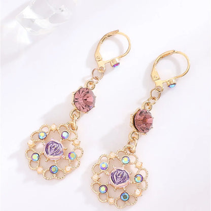 1 Pair Sweet Flower Plating Inlay Alloy Artificial Diamond Drop Earrings