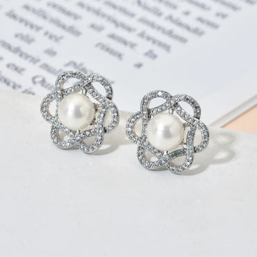 1 Pair Sweet Flower Plating Inlay Copper Artificial Pearls Zircon White Gold Plated Ear Studs