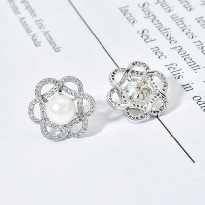 1 Pair Sweet Flower Plating Inlay Copper Artificial Pearls Zircon White Gold Plated Ear Studs