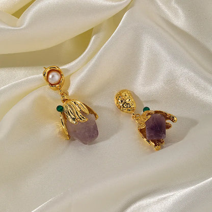 1 Pair Sweet Flower Plating Inlay Copper Imitation Pearl Amethyst 14k Gold Plated Drop Earrings