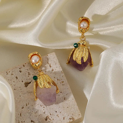 1 Pair Sweet Flower Plating Inlay Copper Imitation Pearl Amethyst 14k Gold Plated Drop Earrings