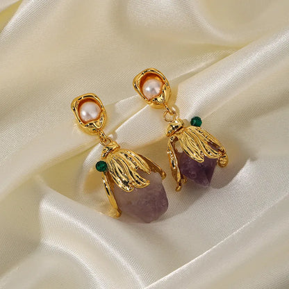 1 Pair Sweet Flower Plating Inlay Copper Imitation Pearl Amethyst 14k Gold Plated Drop Earrings