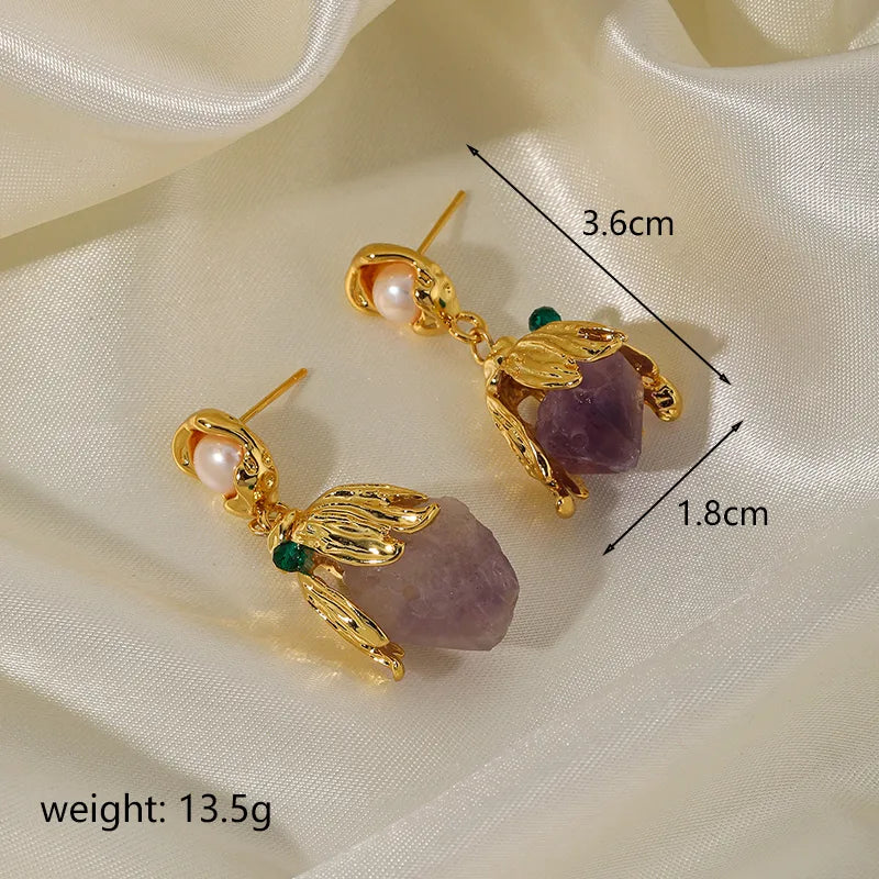 1 Pair Sweet Flower Plating Inlay Copper Imitation Pearl Amethyst 14k Gold Plated Drop Earrings