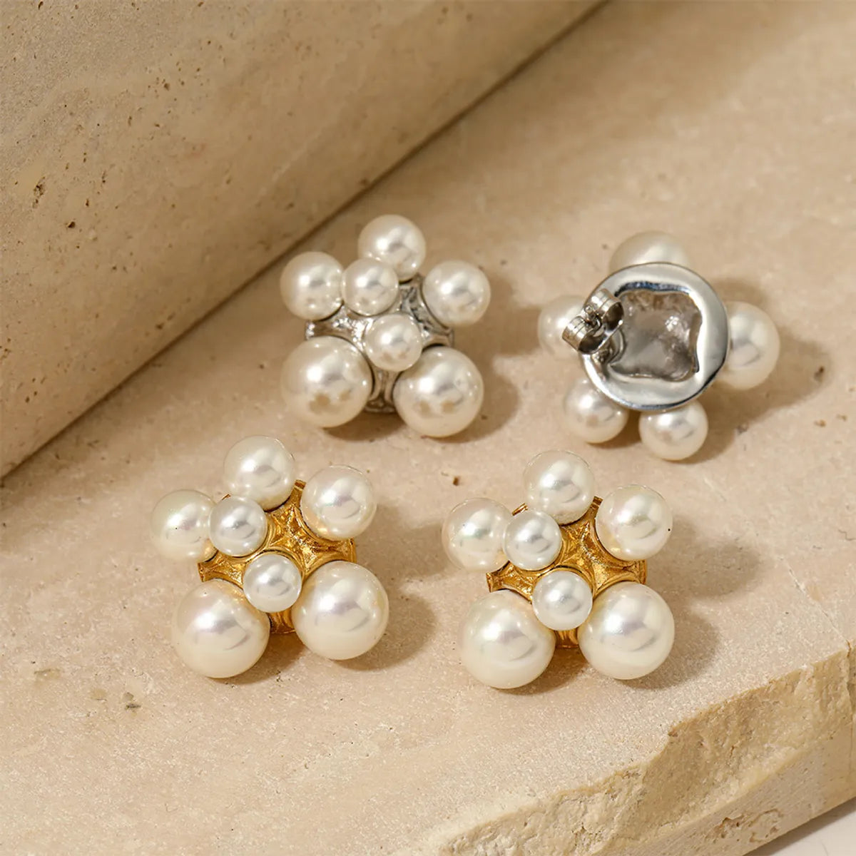 1 Pair Sweet Flower Plating Inlay 304 Stainless Steel Pearl 16K Gold Plated White Gold Plated Gold Plated Ear Studs