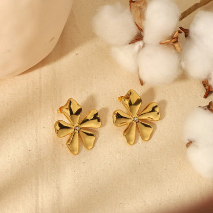 1 Pair Sweet Flower Polishing Plating Inlay 304 Stainless Steel Zircon 18K Gold Plated Ear Studs