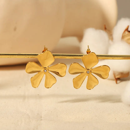 1 Pair Sweet Flower Polishing Plating Inlay 304 Stainless Steel Zircon 18K Gold Plated Ear Studs