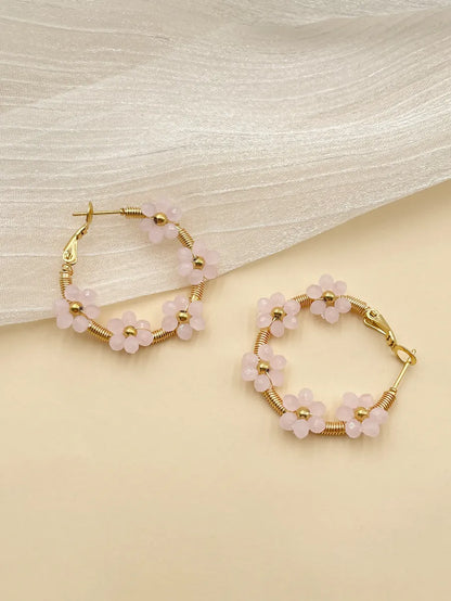 1 Pair Sweet Flower Polishing Plating 304 Stainless Steel Crystal Pearl Beads 14K Gold Plated Earrings