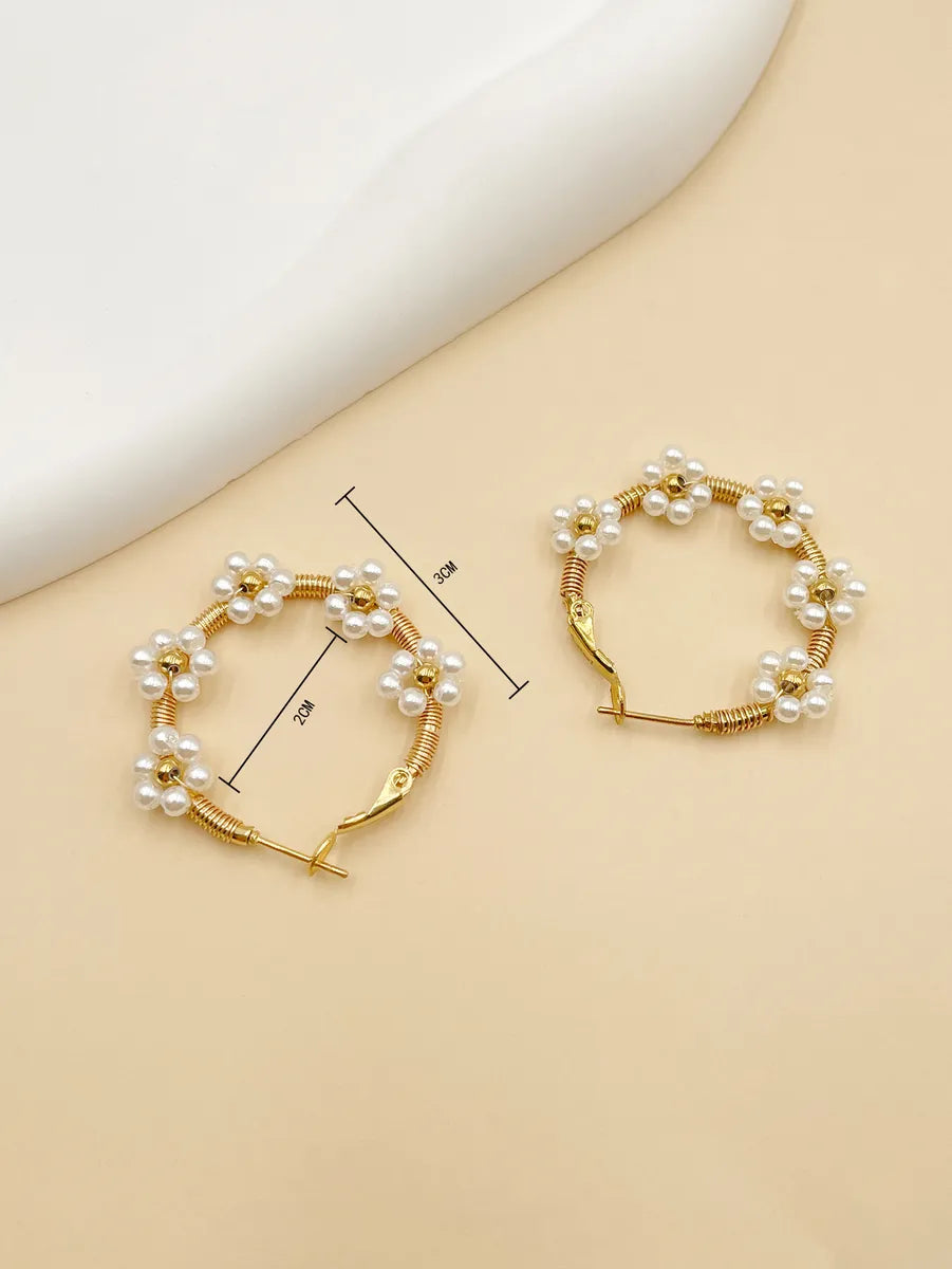 1 Pair Sweet Flower Polishing Plating 304 Stainless Steel Crystal Pearl Beads 14K Gold Plated Earrings