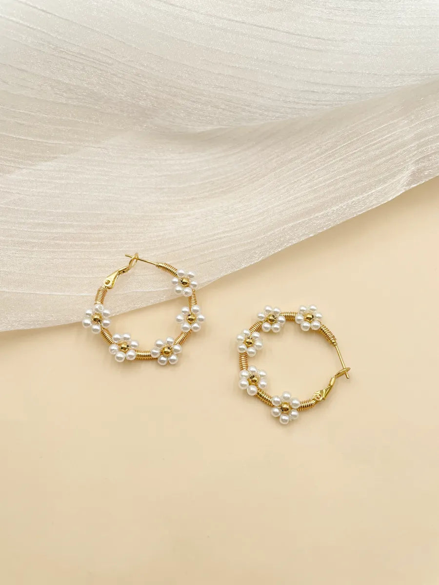 1 Pair Sweet Flower Polishing Plating 304 Stainless Steel Crystal Pearl Beads 14K Gold Plated Earrings