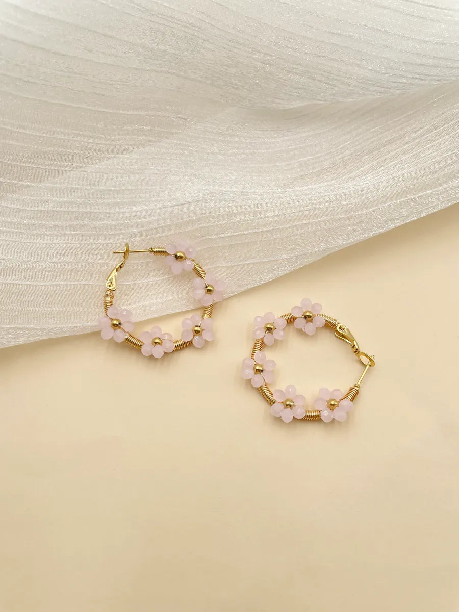 1 Pair Sweet Flower Polishing Plating 304 Stainless Steel Crystal Pearl Beads 14K Gold Plated Earrings