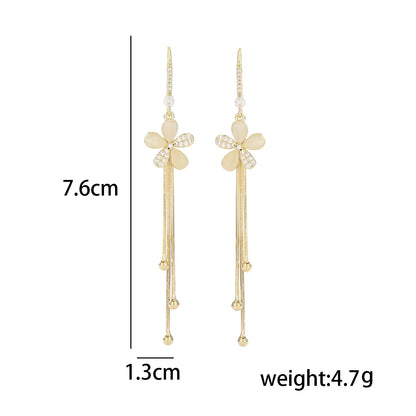 1 Pair Sweet Flower Tassel Plating Inlay Copper Zircon Drop Earrings