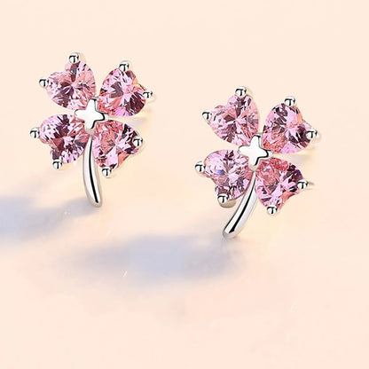 1 Pair Sweet Four Leaf Clover Sterling Silver Inlay Zircon Ear Studs