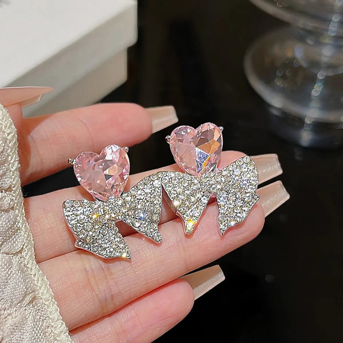 1 Pair Sweet Heart Shape Bow Knot Inlay Alloy Zircon Ear Studs