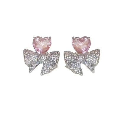 1 Pair Sweet Heart Shape Bow Knot Inlay Alloy Zircon Ear Studs