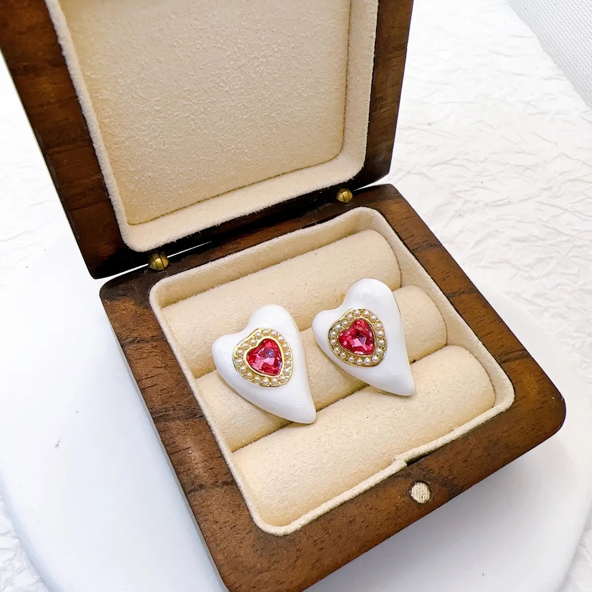 1 Pair Sweet Heart Shape Enamel Inlay Copper Zircon Ear Studs