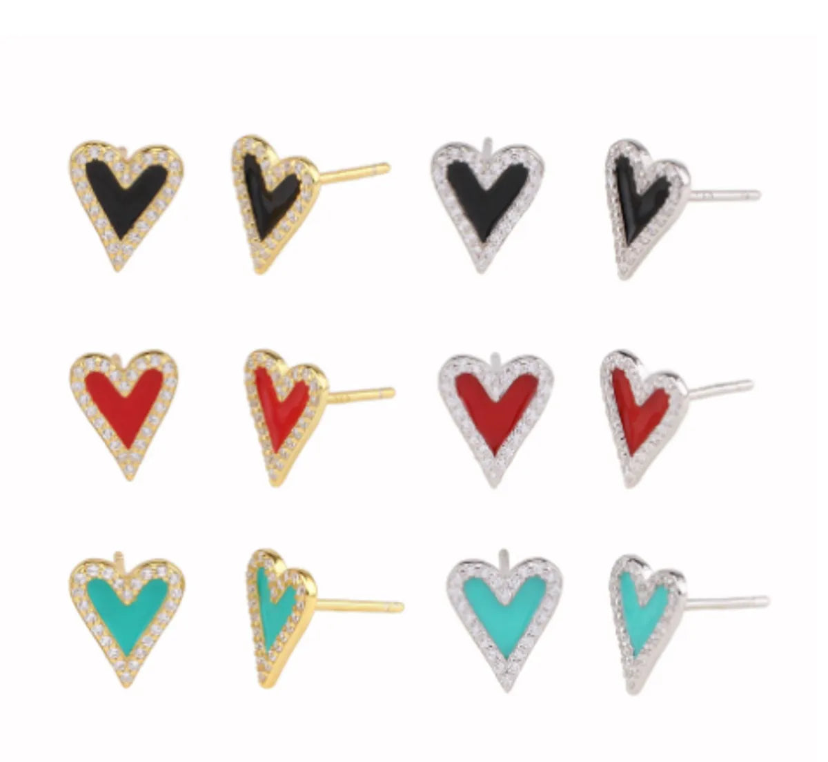 1 Pair Sweet Heart Shape Enamel Inlay Sterling Silver Zircon Ear Studs