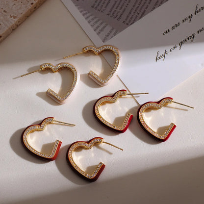 1 Pair Sweet Heart Shape Enamel Plating Inlay Copper Artificial Diamond 18k Gold Plated Ear Studs