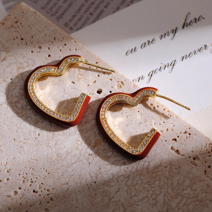 1 Pair Sweet Heart Shape Enamel Plating Inlay Copper Artificial Diamond 18k Gold Plated Ear Studs