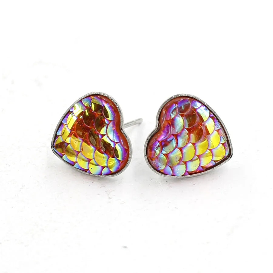 1 Pair Sweet Heart Shape Fish Scales Metal Stainless Steel Resin None Ear Studs