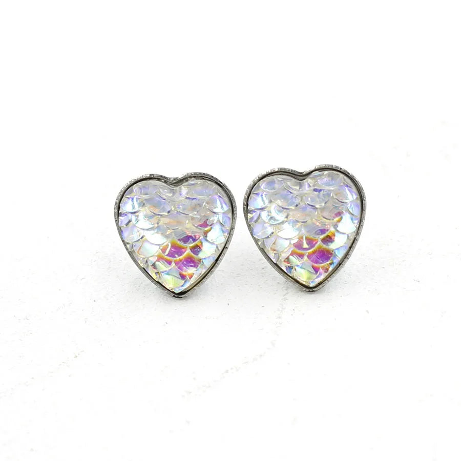 1 Pair Sweet Heart Shape Fish Scales Metal Stainless Steel Resin None Ear Studs