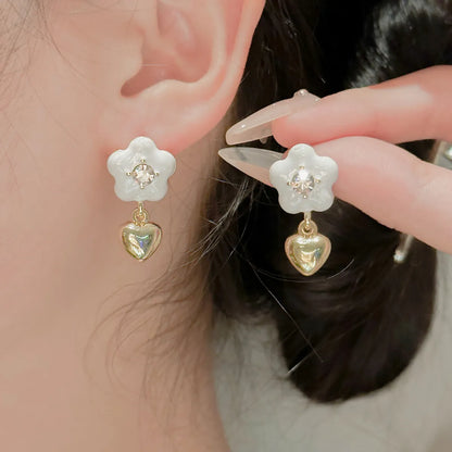 1 Pair Sweet Heart Shape Flower Enamel Plating Inlay Alloy Rhinestones Drop Earrings