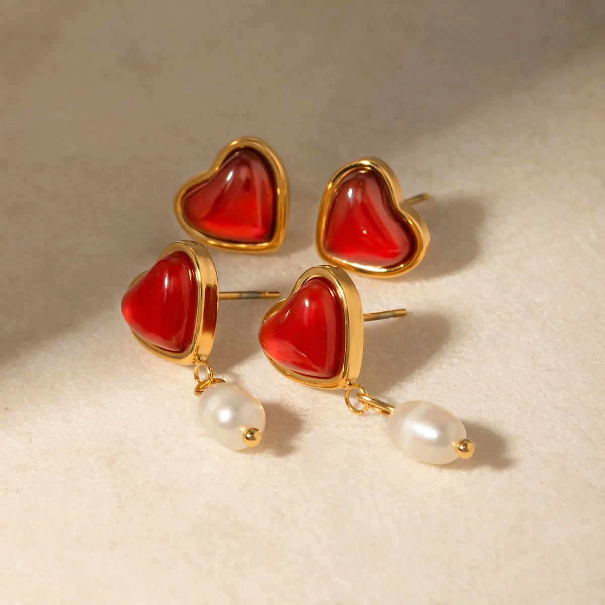 1 Pair Sweet Heart Shape Plating Inlay 304 Stainless Steel Red Agate 18K Gold Plated Drop Earrings