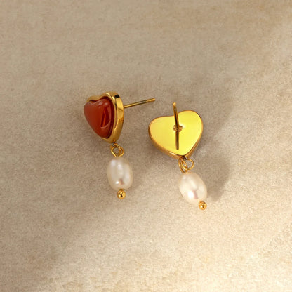 1 Pair Sweet Heart Shape Plating Inlay 304 Stainless Steel Red Agate 18K Gold Plated Drop Earrings