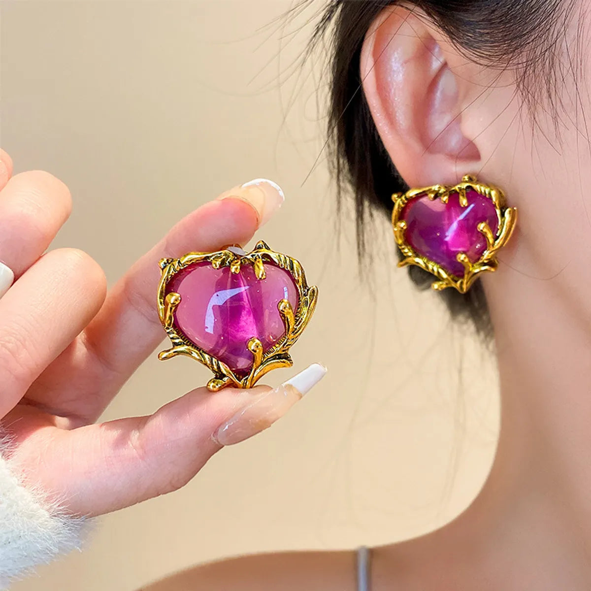 1 Pair Sweet Heart Shape Plating Inlay Alloy Gem Ear Studs