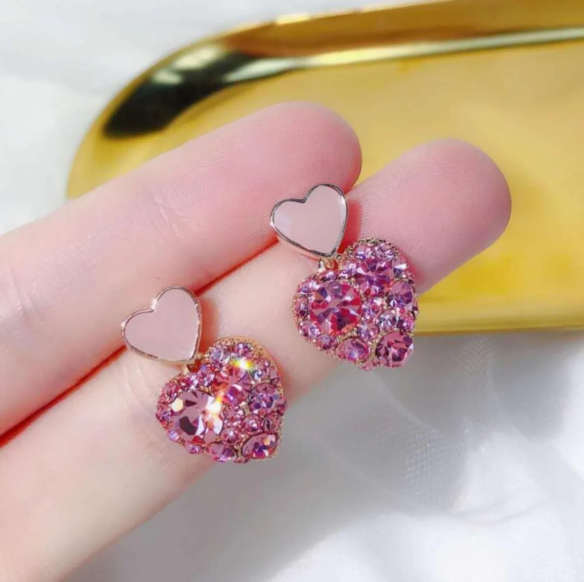 1 Pair Sweet Heart Shape Plating Inlay Alloy Rhinestones Gold Plated Drop Earrings