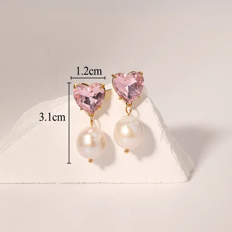 1 Pair Sweet Heart Shape Plating Inlay Imitation Pearl Copper Rhinestones 18k Gold Plated Drop Earrings